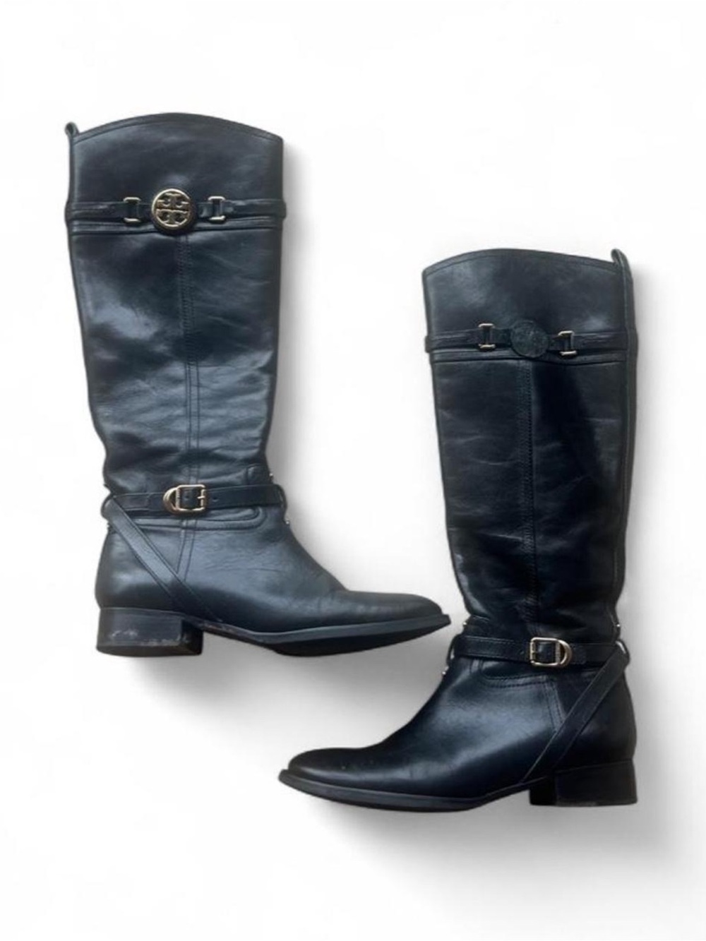 Tory Burch Black Leather Tall Riding Boots with Gold Logo